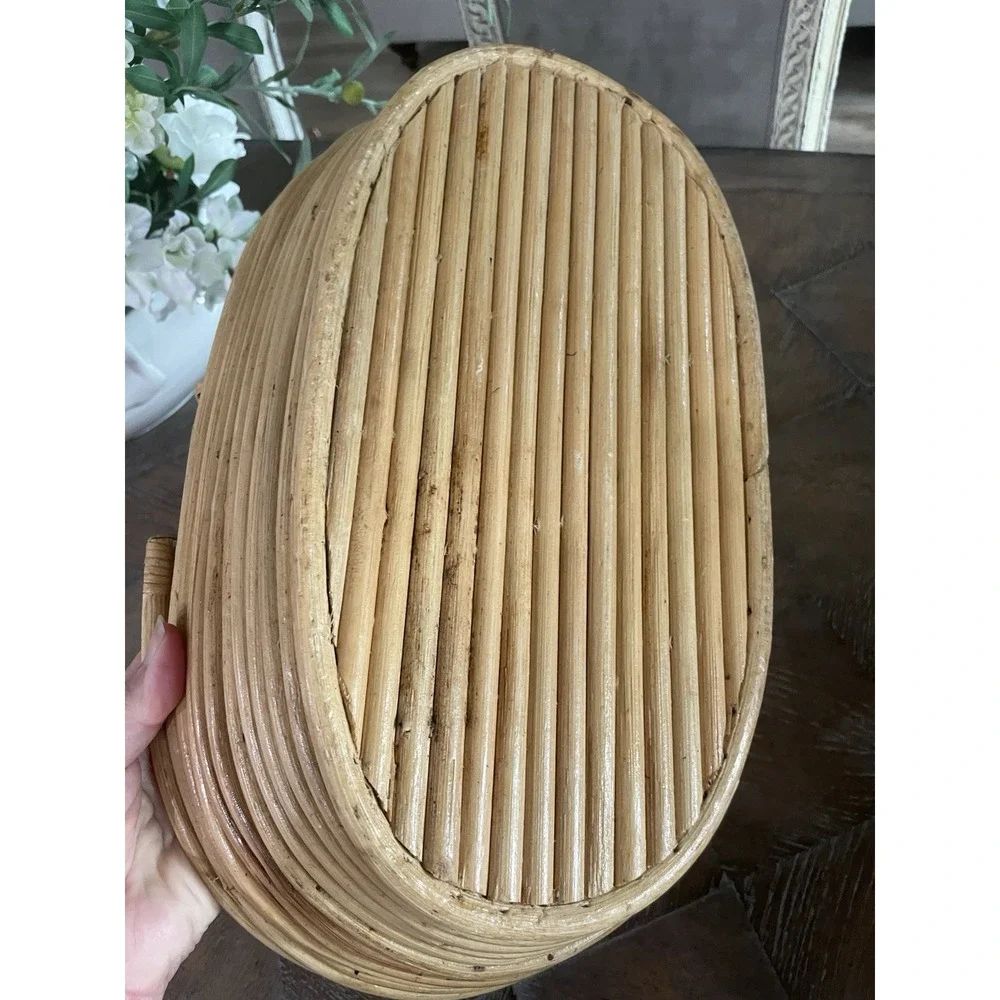 Vtg Pencil Reed Oval‎ Handled Basket Coiled Natural Bamboo Boho 1970s MCM
